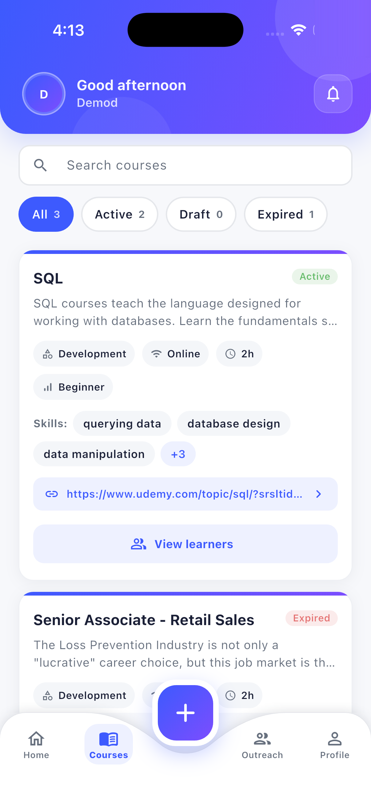 Course management screen with an active SQL course