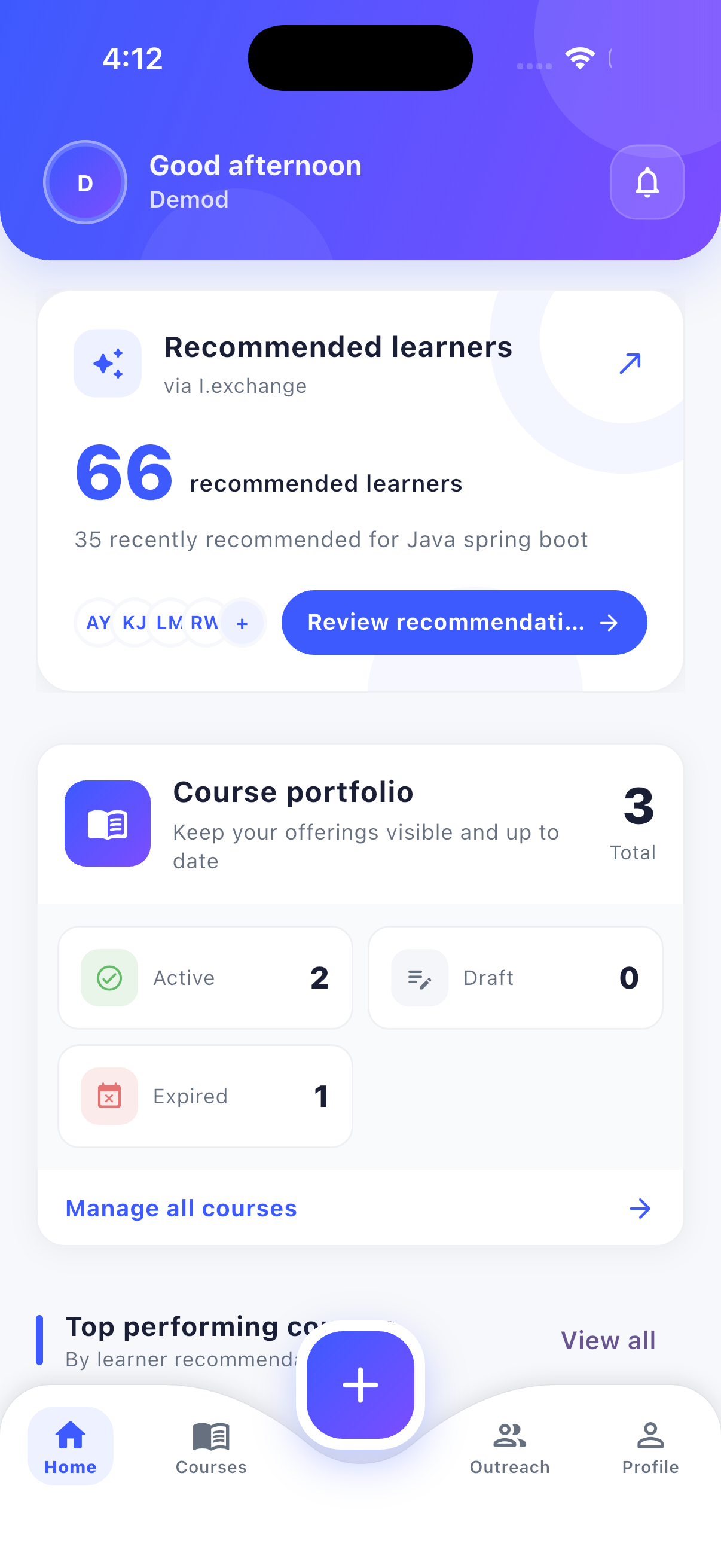 Home dashboard with recommended learners and course portfolio