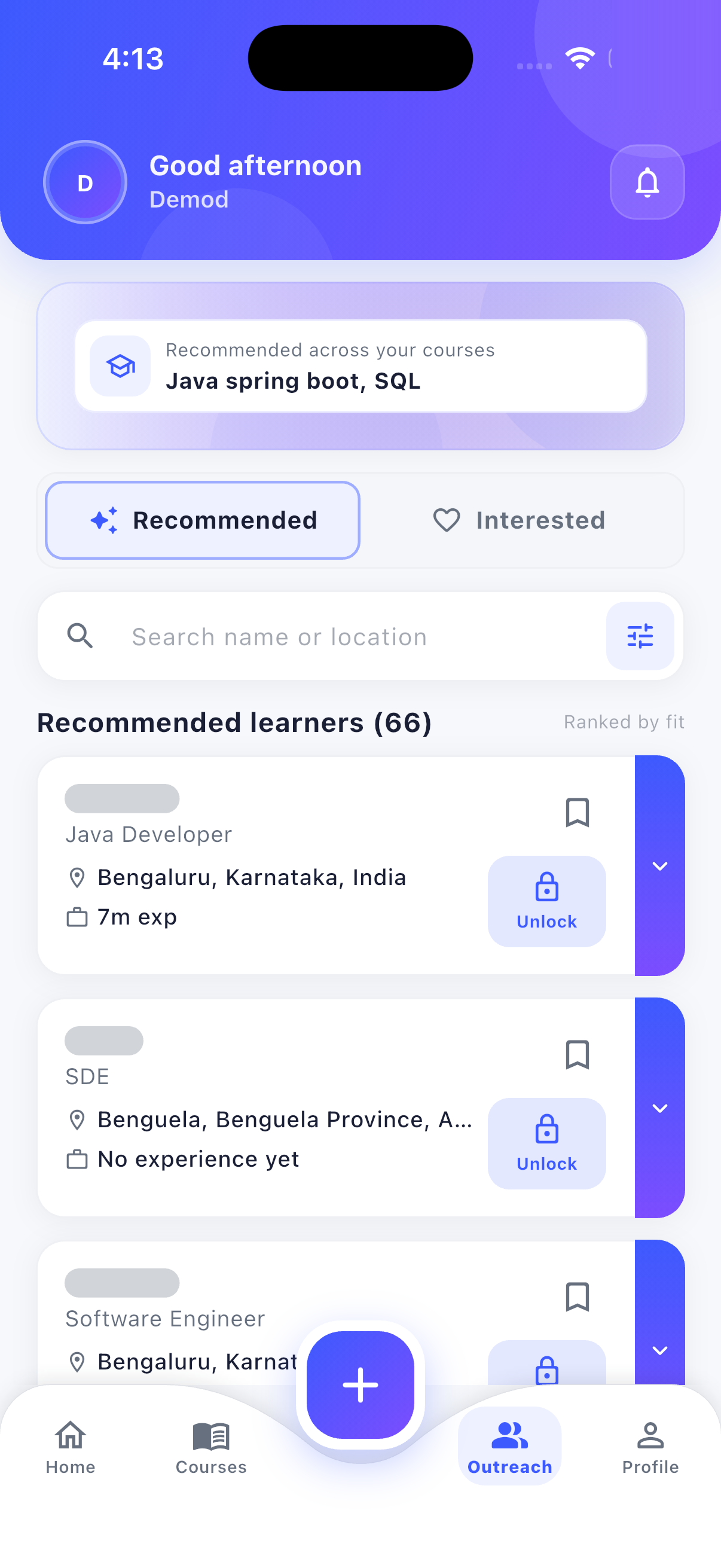 Outreach screen listing recommended learners ranked by fit