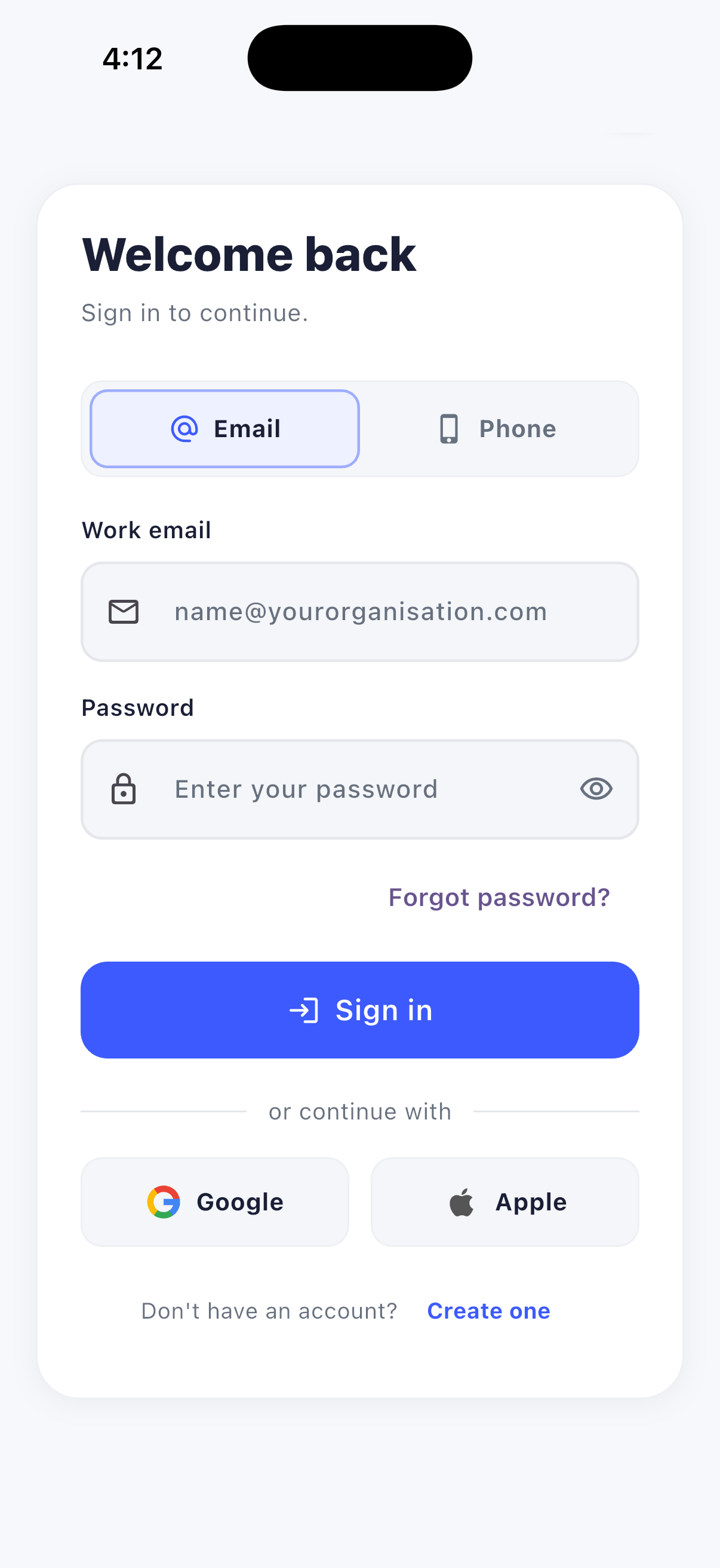 Sign in screen with email, Google and Apple options